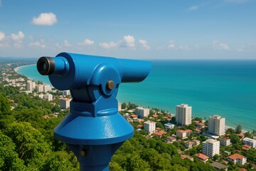 Fototapeta premium Blue Coin-Operated Telescope Offering Panoramic Views of Tropical City and Ocean