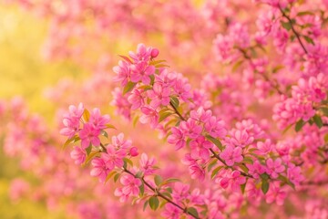 Morning sunlight illuminating a pink-flowered tree in full bloom with a gentle focus and springtime blossoms