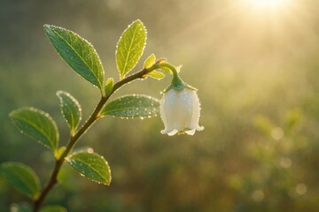 Morning mist enveloping a blueberry blossom illuminated by dawn light
