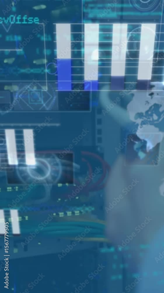Poster animation of abstract shapes and data processing over mid section of engineer working at server room