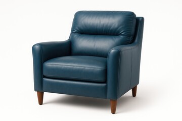 Elegant blue leather armchair on a plain white backdrop