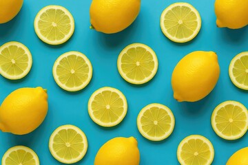 Bright blue background featuring fresh yellow lemons and lemon slices arranged in a stylish flat lay, perfect for summer health and diet themes, with a pop art influence and minimalist design.