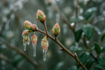 Spring ice storm showcasing blueberry buds