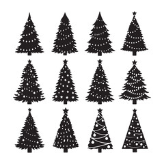 Obraz premium Black Christmas trees decorated with lights and stars evergreen trees decorated trees