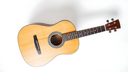 Acoustic guitar isolated on white background, highlighting detailed wood texture and musical craftsmanship.