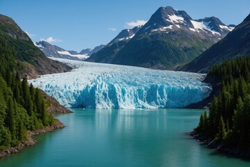 Ice formation dissolving into a tranquil mountain lake amidst lush greenery