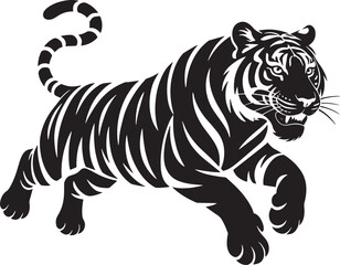 Obraz premium tiger jumping black silhouette vector, Simple silhouette Design vector icon with white background. Wild Animal Vector