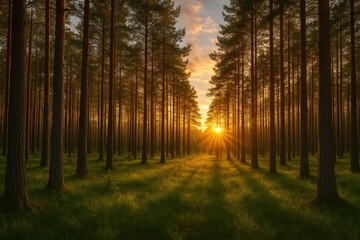 Fototapeta premium Golden rays filtering through pine trees at dusk in a summer outdoor scene