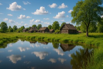 Obraz premium Warm season scenery featuring a rustic village setting
