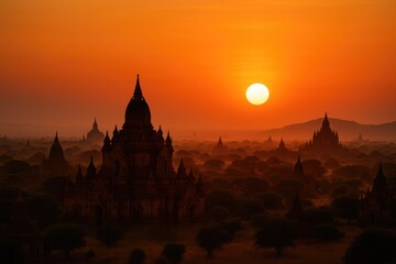 Sunset casting golden hues over historic pagodas in an ancient cityscape