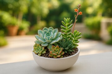 Peaceful patio featuring a white ceramic bowl with a lush succulent arrangement
