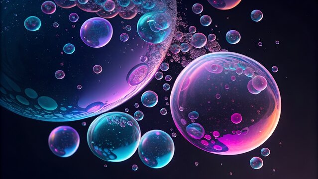 3d render of abstract art of surreal object bubbles balls spheres glass drops water liquid in neon glowing blue purple pink gradient color in transition deformation process on black background.