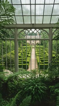 View from a lush green conservatory into a formal garden with a boxwood hedge maze. A path leads to an old stone manor house in the background.