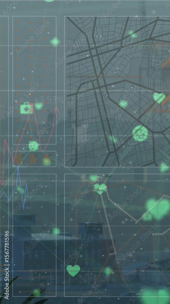 Poster animation of network of digital icons and interface with data processing against cityscape