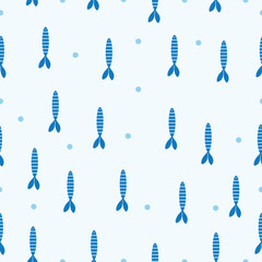 Minimal seamless pattern with vertically aligned striped blue fish on light gray background. Blue dots add marine mood. Flat vector style. Perfect for textile, wallpaper, and packaging