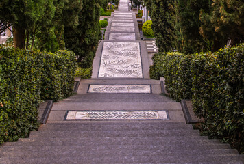 There is a long stone staircase leading down in the park.