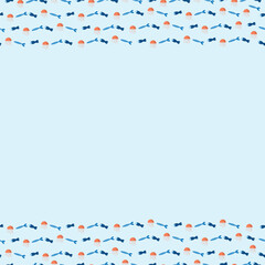 Flat marine illustration with jellyfish, fish, and shrimp in blue and orange tones. Decorative borders on top and bottom, empty center for text. Perfect for invitations and social media