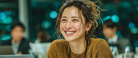Portrait of a smiling Japanese woman in her thirties, sitting in an office setting, showcasing her natural beauty and positive energy.
