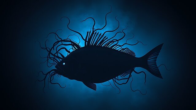 Abstract parasitic tendrils consume a fish silhouette in deep blue darkness. - Powered by Adobe