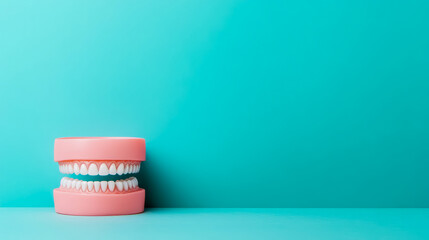 A pristine dental model illustrating healthy teeth and gums on a vibrant aqua blue surface, promoting oral care awareness for health education material.