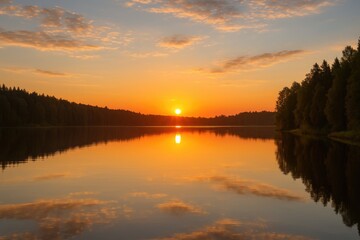 Fototapeta premium Morning light illuminating a tranquil lake