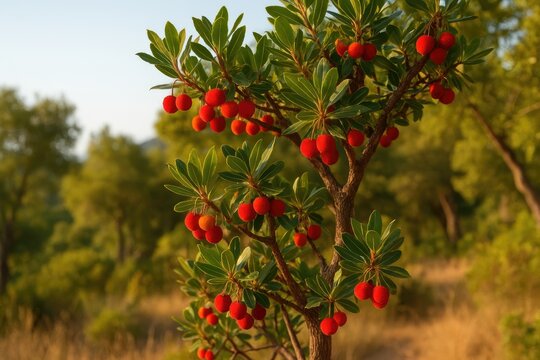 Late summer afternoon capture of a Strawberry tree (Arbutus unedo) along the Bruzzi trail
