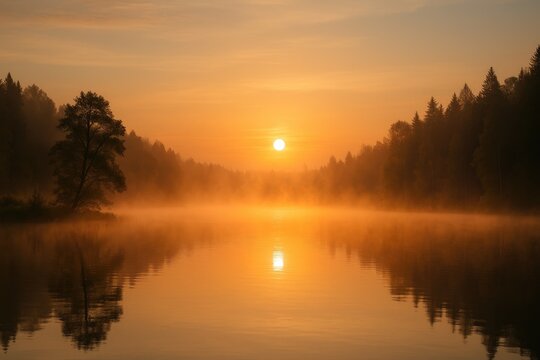 Morning dawn over misty waters