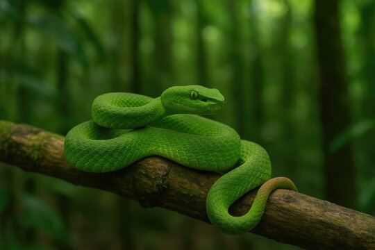 Green Pit Viper resting on a tree branch in the rainforest, scientific designation Trimeresurus barati