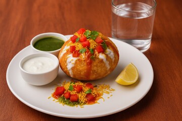 Delicious Rajasthani-style Kachori filled with potato and sprout, accompanied by yogurt, chutney, and sev on a vibrant or wooden surface