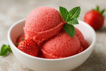 Delicious strawberry and mint ice cream with a focus on detail