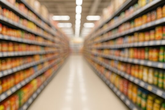 Abstract blurred background of a retail store with shelving units and shopping aisles