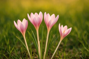 Springtime Blooms: Bright Crocuses Among Green Grass on a Sunny Evening