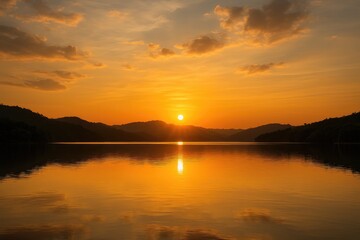 The radiant glow of sunset shimmering on the water at a scenic reservoir