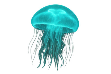 Translucent jellyfish drifting through blue waters, delicate tendrils swirling in serene marine environment with gossamer-like movement
