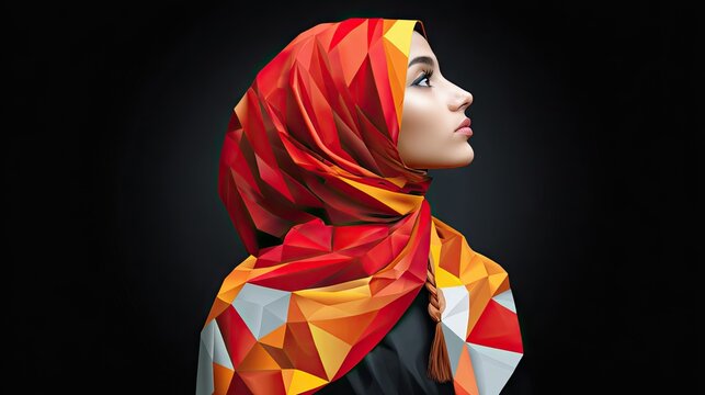 Woman wearing colorful geometric hijab - Powered by Adobe