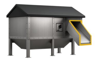 Horizontal steel bunker with a sloped roof and side discharge chute for coal storage at a power plant.