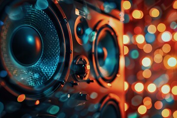 Obraz premium Music is playing on a professional audio system in a nightclub, with blurred lights in the background