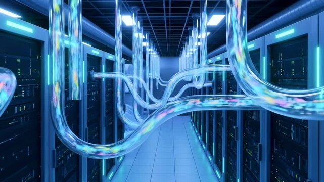 Futuristic data center with illuminated cables connecting servers, showcasing advanced technology and efficiency