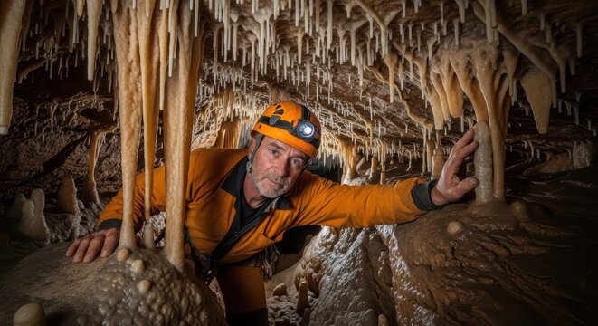 Mature caucasian male speleologist exploring cave with stalactites