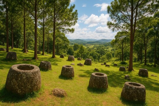 A picturesque hillside location for the Plain of Jars Site 3, surrounded by lush woods close to the village of Ban Lat Khai in Phonsavan district.