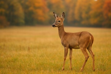 Naklejka premium The doe stands quietly in the meadow, observing her surroundings