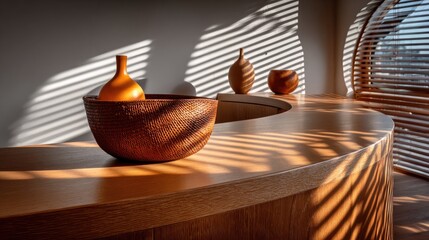 Wooden countertop with handcrafted bowls and vases
