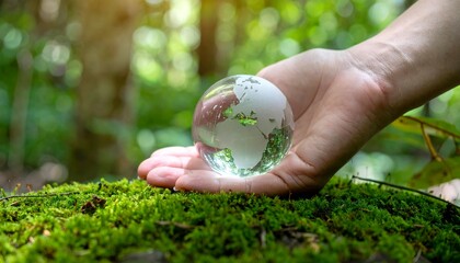 Hand holding a crystal globe on soft moss in forest, symbolizing nature and environmental care.