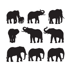 Black elephant silhouettes walking and standing elephants animal