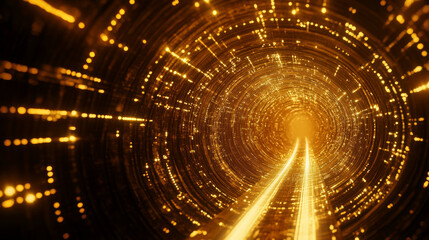A 3D rendered loop of a digital plexus tunnel made of dotted golden lines, creating a mesmerizing, futuristic effect.