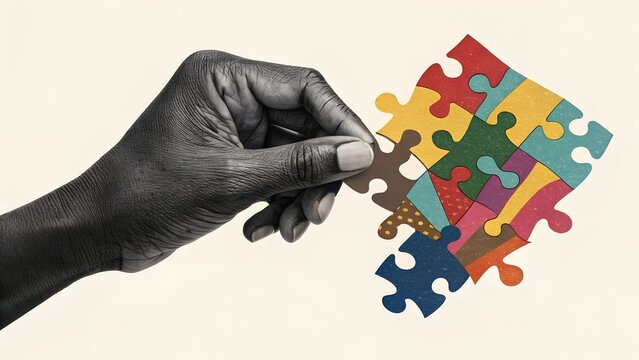 Black and white hand holding a colorful puzzle. Modern collage style. Illustration on transparent background. - Powered by Adobe