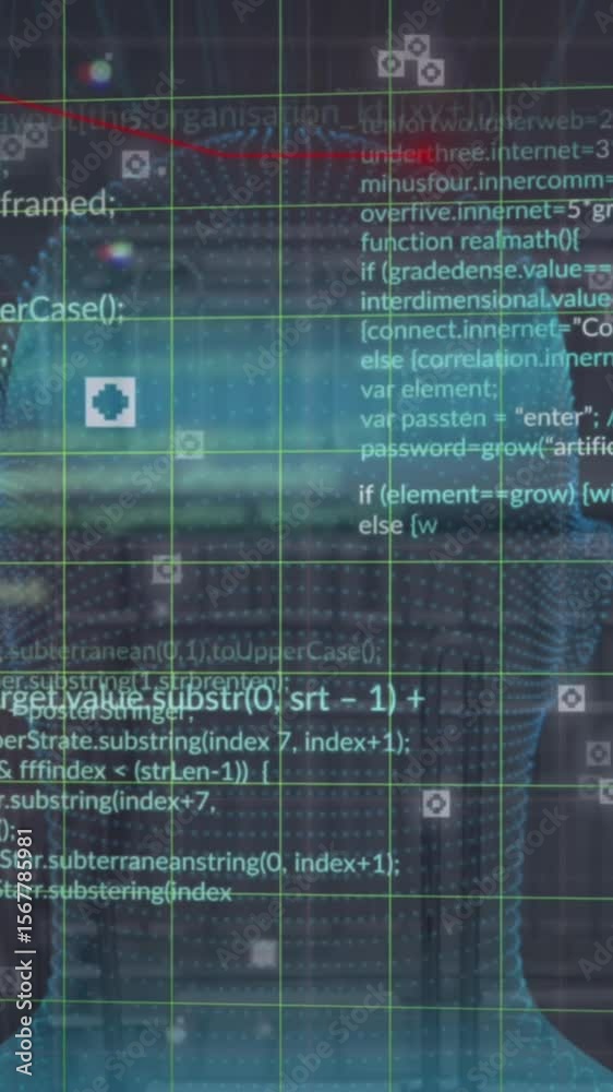 Poster animation of grid pattern over computer language and human digital face against abstract background