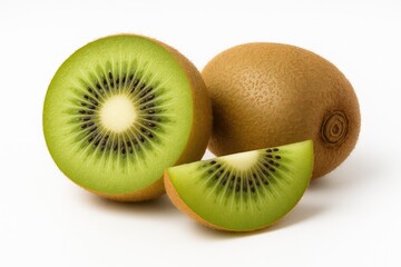 Fototapeta premium Slices of fresh kiwi fruit on a plain white backdrop