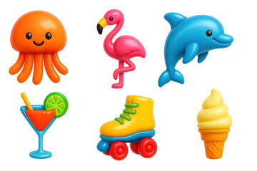 Cute Summer Emoji Icons Set on Transparent Background
