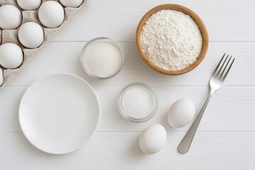 Components for baking mouthwatering cakes on a light wooden surface with fresh baked goods